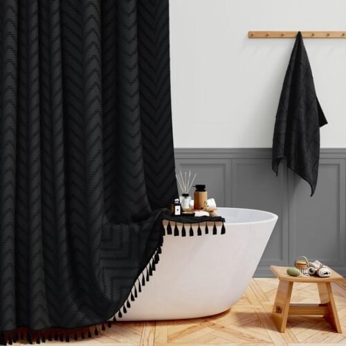 550x550-9751.jpg Unyqoos® Elegant zwart douchegordijn met bohemian strepen en kwastjes, waterafstotend