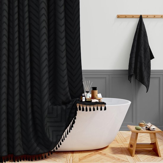 550x550-9751.jpg Unyqoos® Elegant zwart douchegordijn met bohemian strepen en kwastjes, waterafstotend