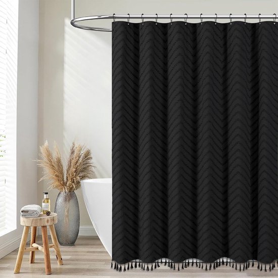 550x550-9752.jpg Unyqoos® Elegant zwart douchegordijn met bohemian strepen en kwastjes, waterafstotend
