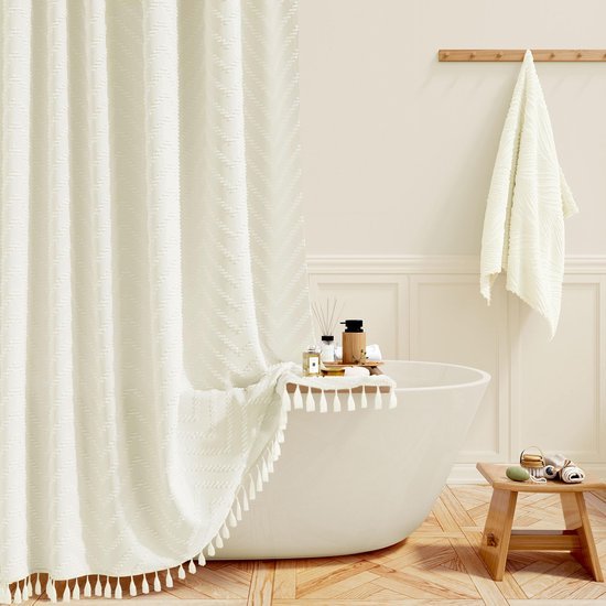 Unyqoos® Stijlvol waterdicht douchegordijn met chevron-strepen en kwastjes in beige