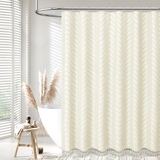 Unyqoos® Stijlvol waterdicht douchegordijn met chevron-strepen en kwastjes in beige