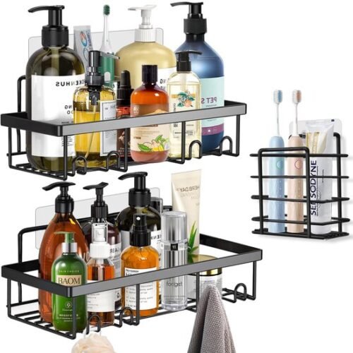 550x551-32.jpg Unyqoos® Zwarte roestvrije doucheplank zonder boren met haken voor badkamer en keuken