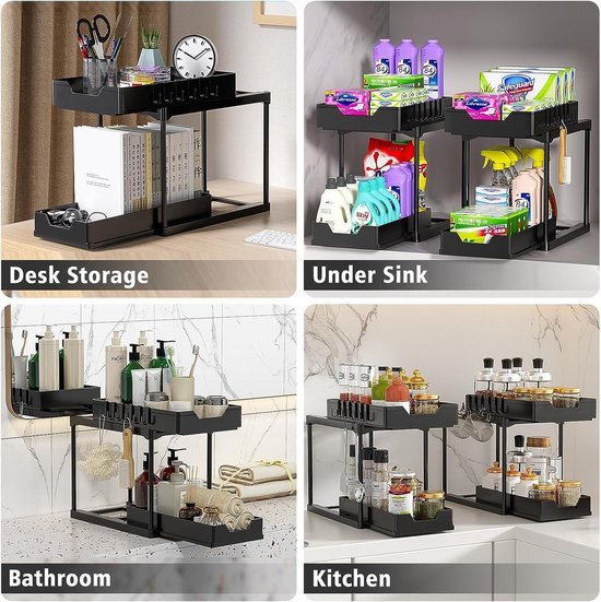 Unyqoos® Multifunctioneel Opslagsysteem voor Keuken en Badkamer met Dubbele Laden en Haken