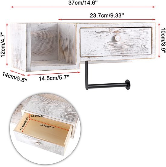 Unyqoos® Houten Toiletrolhouder Met Schuiflade En Wandplank Voor Badkamerdecoratie 37 x 17 x 14 cm Wit