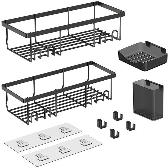 Unyqoos® Zwarte badkamer organizer set zonder boren met vier opbergrekken