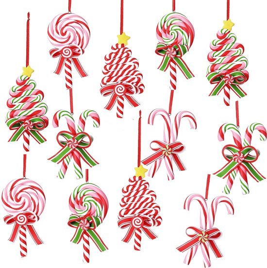 Unyqoos® Set van 12 decoratieve kerstsuikerstokken voor feestelijke boomversiering