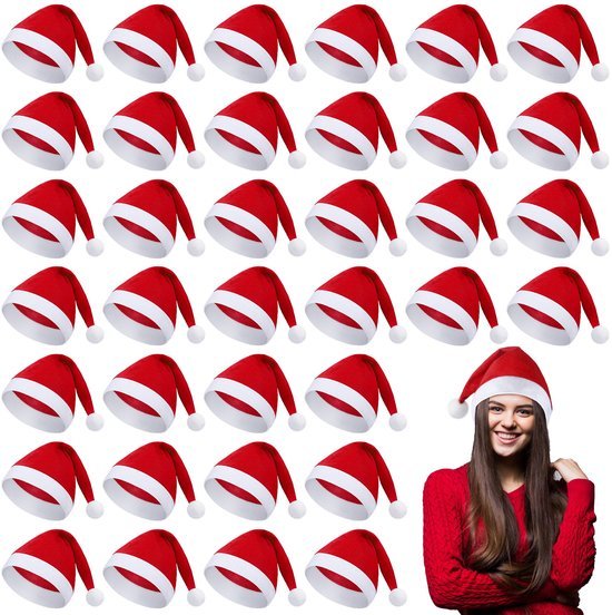 Unyqoos® Feestelijke set van 36 rode kerstmutsen met witte pompons voor volwassenen
