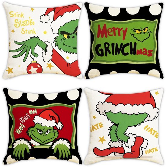 Unyqoos® Set van 4 kerstkussenhoezen met winterse motieven van linnen stof