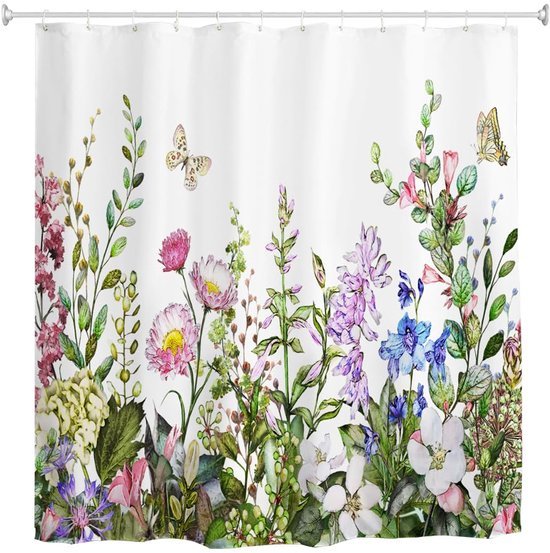 Unyqoos® Douchescherm met Bloemenpatroon, Vlinders en Wildbloemen, Waterdicht en Schimmelbestendig, 180 x 180 cm