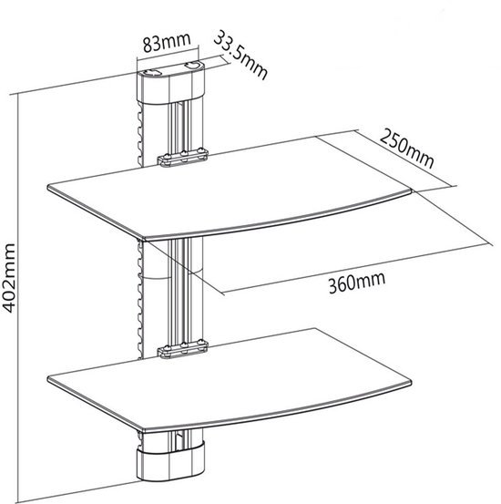 Unyqoos® Dubbel Wandrek met Verstelbare Glazen Planken voor Elektronica