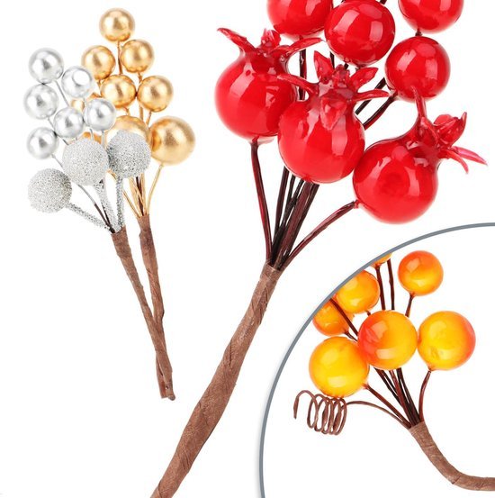 Unyqoos® Set van 20 kleurrijke decoratieve takken met bessen voor creatieve projecten