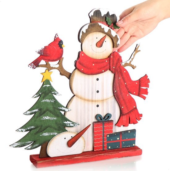 Unyqoos® Houten Sneeuwpop Decoratie met Vogel voor Kerstmis als Cadeau en Sfeermaker