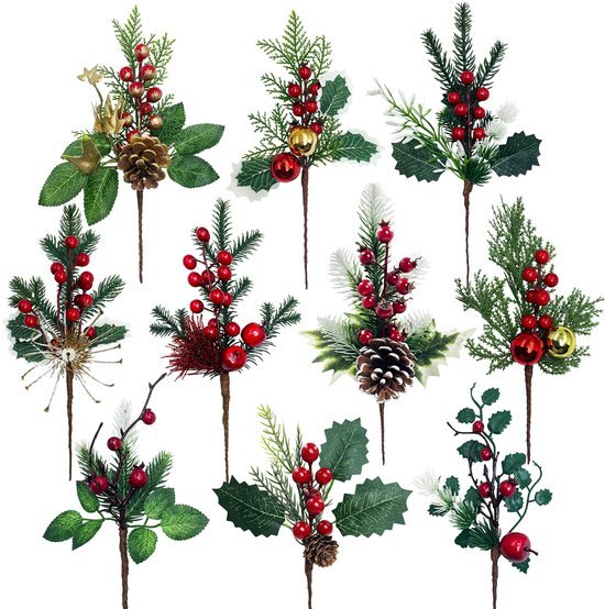 Unyqoos® Set van 10 Kunstkersttakken met Realistische Dennenappels en Bessen voor Decoratie