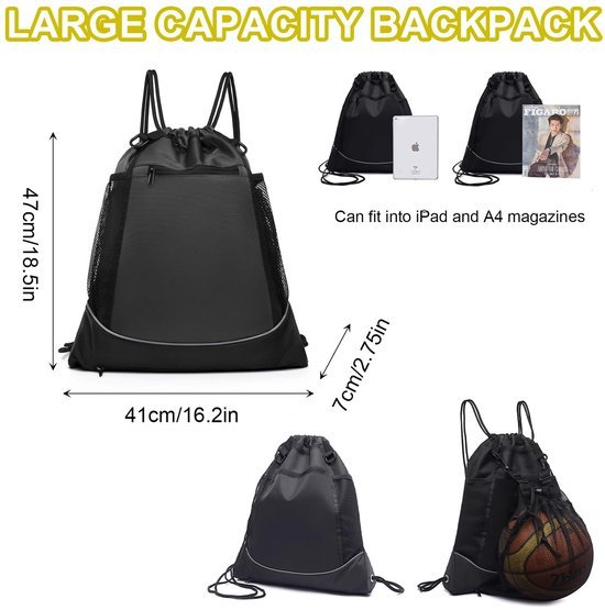 550x555-107.jpg Unyqoos® Zwarte multifunctionele sporttas met opvouwbaar balnet en meerdere vakken