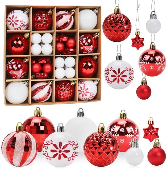 550x555-112.jpg Unyqoos® Set van 44 Rode en Witte Kunststof Kerstballen voor Feestelijke Decoratie