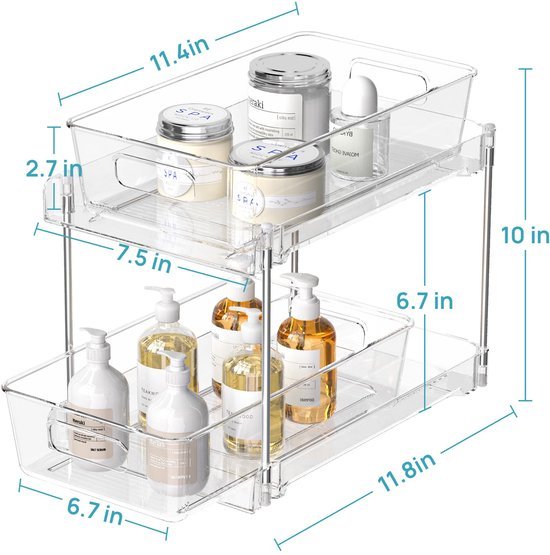 Unyqoos® Multifunctionele Dubbel Laagse Organizer voor Keuken en Badkamer, Set van 2 Stuks met Uittrekbare Lade