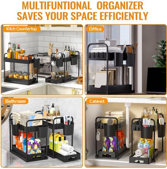 Unyqoos® Multifunctionele Keuken- en Badkamer Organizer met Uittrekbare Lades en Haken voor Optimaal Gebruiksgemak