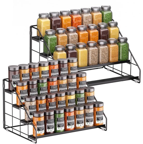 Unyqoos ® Verstelbaar Kruidenrek met Vier Lagen voor Keuken en Voorraadkast Organisatie in Modern Zwart Ontwerp