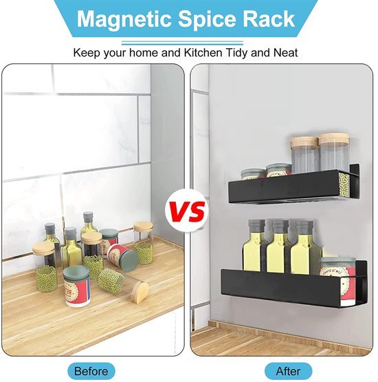 Unyqoos® Magnetische Keuken Organizer Planken voor IJzeren Oppervlakken, Kruidenrek Set van 2 Stuks in Zwart
