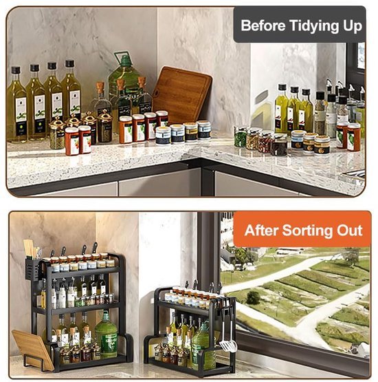 Unyqoos® Veelzijdig Keukenrek met Twee Lagen en Extra Opbergruimte voor Kruiden en Accessoires