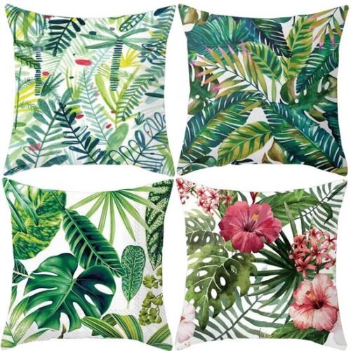 550x555-149.jpg Unyqoos® Set van vier decoratieve kussenovertrekken van katoen en linnen met bladpatroon