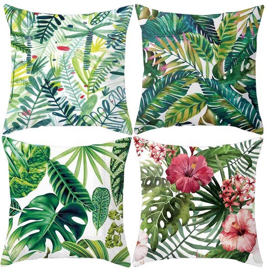 550x555-149.jpg Unyqoos® Set van vier decoratieve kussenovertrekken van katoen en linnen met bladpatroon
