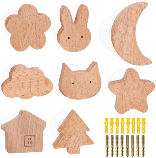 Unyqoos® Kinderkapstok Haken – Set van 8 – Cartoon Design – Zelfklevend & Spijkerbaar – Massief Hout – Wandhaken voor Kleding, Accessoires & Decor – Kindvriendelijk & Decoratief