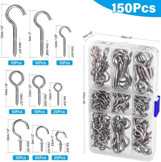 550x555-159.jpg Unyqoos® Set van 150 stevige roestvrijstalen schroefhaken voor veelzijdig gebruik