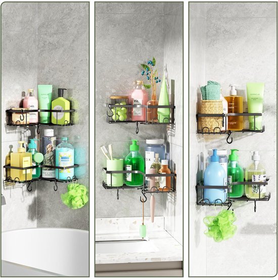 Unyqoos® Set van twee roestvrije doucheorganizers met zelfklevende montage en haken