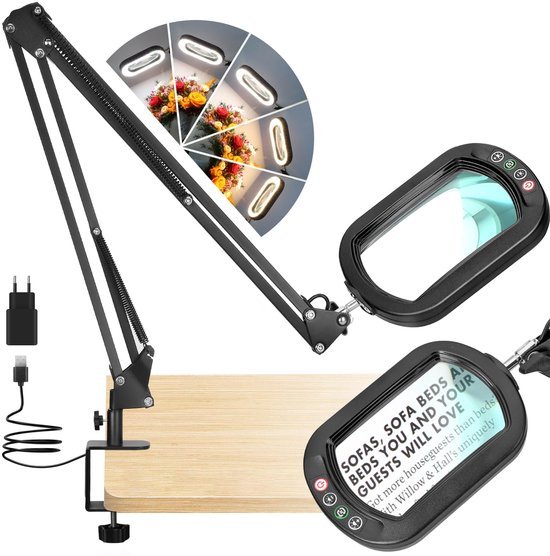 Unyqoos® Rechthoekige loeplamp met flexibele zwenkarm en dimbare LED-verlichting