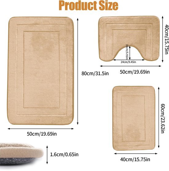 550x556-44.jpg Unyqoos® Antislip Badkamermattenset van Drie Stuks, Wasbaar en Zacht voor Douche en Toilet in Beige