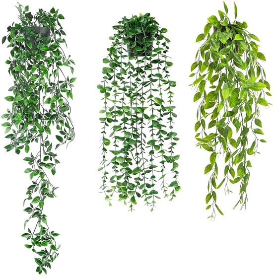 Unyqoos® Set van drie decoratieve kunsthangplanten in pot voor interieur en buitenruimte