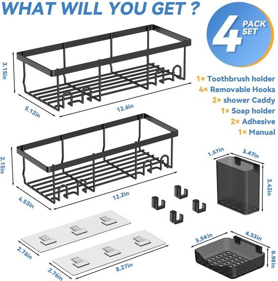 Unyqoos® Zwarte badkamer organizer set zonder boren met vier opbergrekken