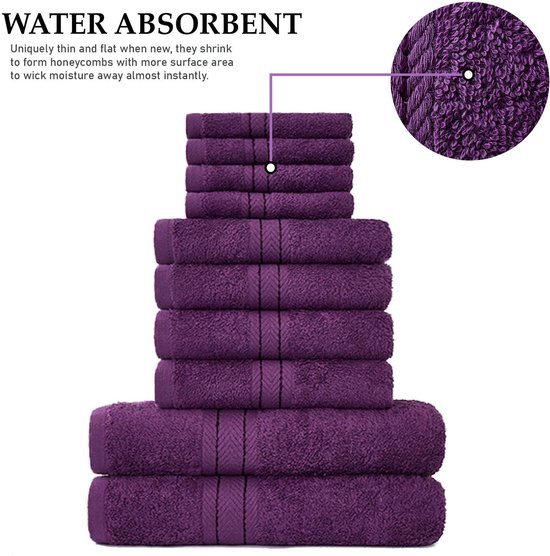 Unyqoos ® Set van Luxe 10-Delige Familiehanddoeken in Diep Paars, Gemaakt van Hoogwaardig Egyptisch Katoen