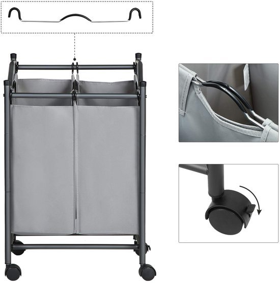 Unyqoos ® Mobiele Wasmand Met Twee Compartimenten Voor Gemakkelijk Sorteren Van Wasgoed