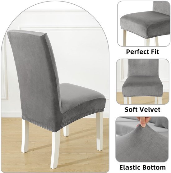 Unyqoos® Set van 6 lichtgrijze fluwelen stoelhoezen voor hoge rugleuning stoelen
