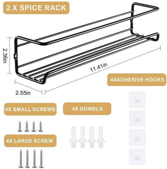 Unyqoos® 2-delige Set Zwart Metalen Kruidenrek voor Muurmontage zonder Boren met Zelfklevende Haken en Schroeven