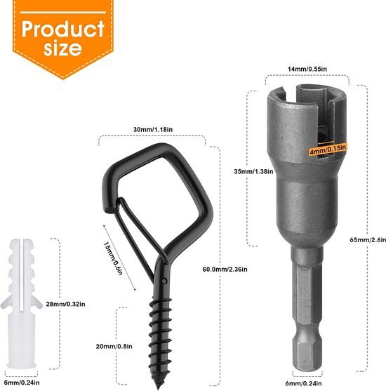 Unyqoos® Set van 18 Zwarte Schroefhaken met Veiligheidsgesp voor Diverse Ophangmogelijkheden