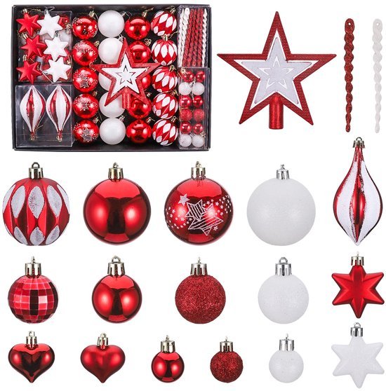Unyqoos® Uitgebreide set van kerstboomdecoraties met rode en witte kerstballen