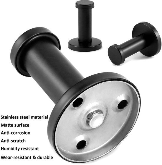 Unyqoos® Set van 8 zwarte ronde wandhaken van roestvrij staal voor diverse kamers