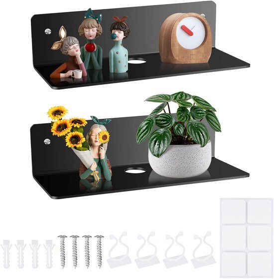 550x559-39.jpg Unyqoos® Set van twee zwarte acryl wandplanken voor veelzijdige wandmontage