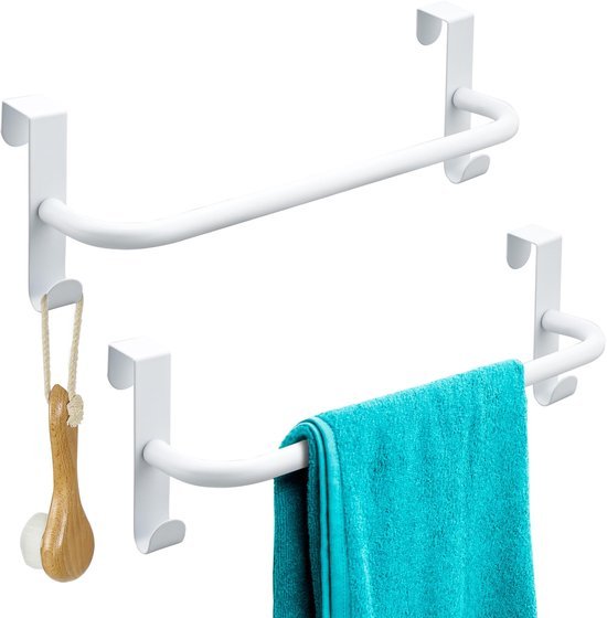 Unyqoos® Handige dubbele handdoekhouder met haken voor keuken en badkamer - wit, geschikt voor kastdeuren