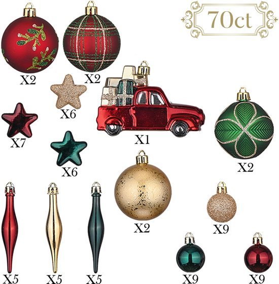 Unyqoos® 70-delige set onbreekbare kerstballen in rood en goud voor feestelijke decoratie