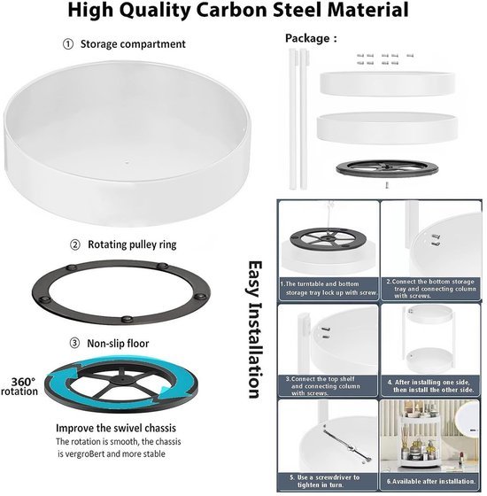 Unyqoos® Multifunctioneel 360 Graden Draaiplateau voor Keuken en Badkamer Organisatie, 26 cm, Wit