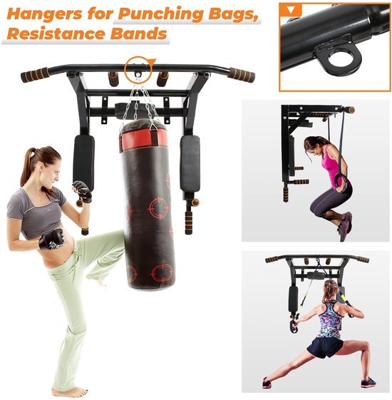 Unyqoos® Wandgemonteerde optrekstang met 8 antislip handgrepen voor veelzijdige training