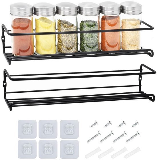 Unyqoos® Kruidenrek Set van 2 voor Muurmontage met Zelfklevende Haken en Schroeven, Zwart Metaal