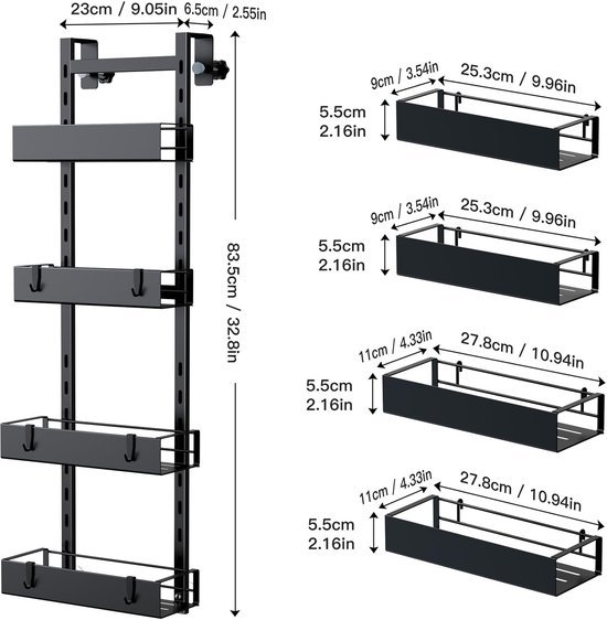 Unyqoos ® Verstelbare Opknaphangende Doucheplank met Haken voor Frameloze Deuren, Zwart, 4 Stuks