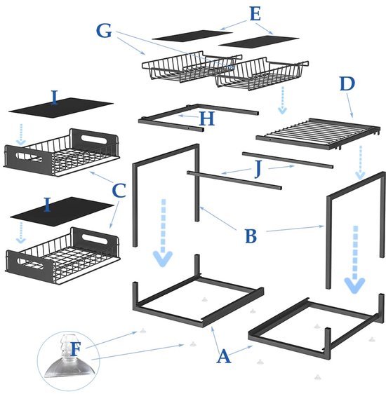 Unyqoos® Uittrekbare Onderkast-Organizer voor Keuken en Badkamer met Verstelbare Niveaus in Zwart Staal
