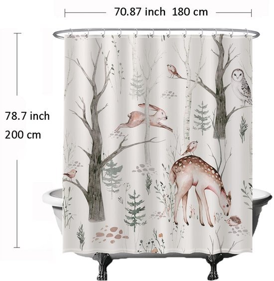 Unyqoos® Stijlvol Natuurthema Douchegordijn met Vrolijke Dierenprint - 180 x 200 cm - Inclusief 12 Ringen