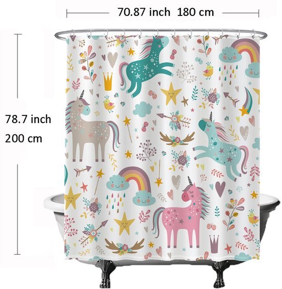 Unyqoos® Betoverend Douchegordijn met Eenhoorn, Wolken en Regenboog voor een Magische Badkamerervaring
